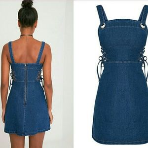 Dark wash lace up eyelet detail denim dress